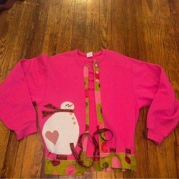 Jerzees Sweaters - “Upcycled Pink Snowman Sweatshirt - Handcrafted Winter Holiday Top” size Large